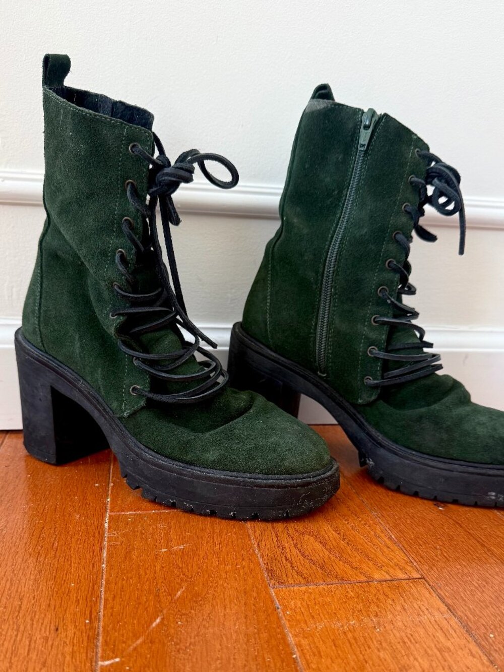 Free People Dylan Lace Up Boots Platform Dark Green Suede